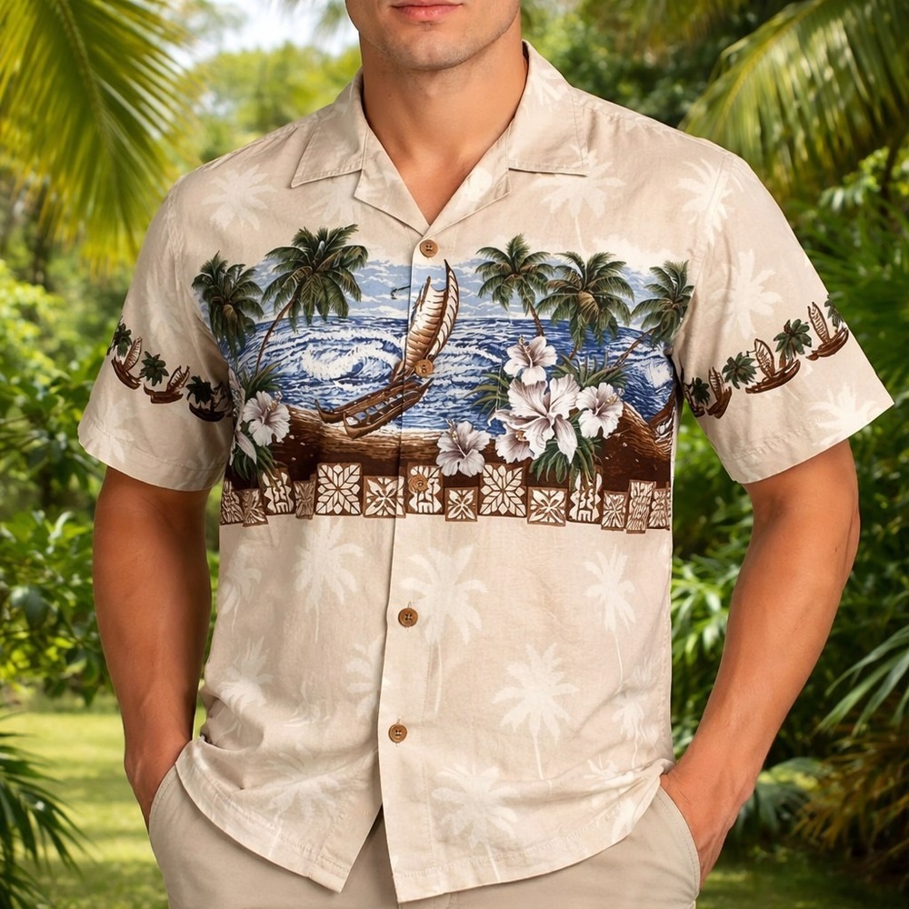 Favant Hawaiian Aloha‎ Shirt Medium Palms Outrigger Boats Beach Flowers Tan